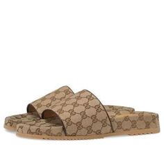 Gucci GG Canvas Slide Sandal 'Beige Monogram' 624695-H6320-9763 (Men's) Gucci Luxury Brown Sandals, Gucci Brown Slip-on Sandals, Gucci Luxury Sandals With Cushioned Footbed, Luxury Gucci Sandals With Cushioned Footbed, Gucci Brown Sandals For The Beach, Elegant Gucci Beige Sandals, Designer Beige Slip-on Sandals, Gucci Beige Open Toe Sandals, Luxury Beige Slip-on Sandals