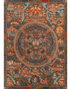 an intricately designed rug with many images on it