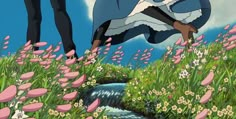 an animated image of a woman bending over in the grass