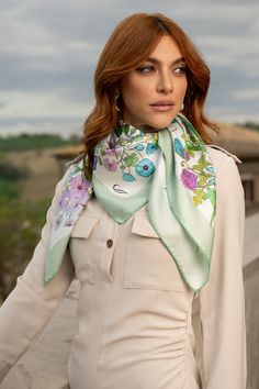 This whimsical floral motif on washes of watercolor stripes will give your outfit a fresh new look. 100% Made in Como, Italy. Classic foulard size: Approx. 35" x 35". Once made famous by the likes of Audrey Hepburn, Sophia Loren and Grace Kelly, a foulard will always add a touch of elegance to your look. Hand-rolled hems: For the ultimate in luxury and sophistication, the hems are hand-rolled and sewn. 100% silk twill: A soft, silky fabric traditionally used for making square scarves because it Watercolor Stripes, Como Italy, Silky Fabric, Hand Roll, Sophia Loren, Silk Twill, Rolled Hem, Naturally Dyed, Grace Kelly