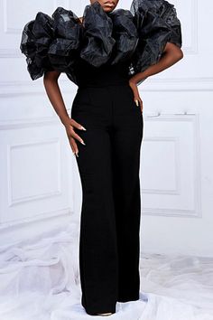 Black Casual Solid Patchwork Off The Shoulder Jumpsuits Chic Black Bodysuit For Workwear, Chic Black Jumpsuits And Rompers For Office, Black Formal Bodysuit For Spring, Black Bodysuit For Formal Spring Occasions, Black Bodysuit For Spring Formal, Black Pantsuit For Spring Party, Spring Black Pantsuit For Party, Spring Party Black Pantsuit, One Shoulder Jumpsuit