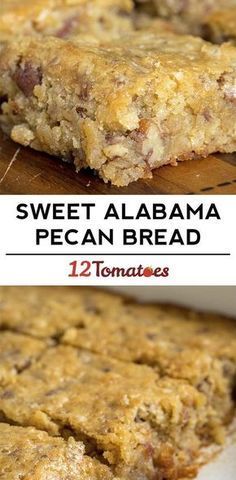 two pictures showing different types of food on top of each other and the words sweet alabama pecan bread below