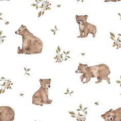 watercolor bear and cub pattern on white background for wallpaper, fabric or upholster