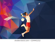 a tennis player jumping up to hit the ball with her racket on abstract background