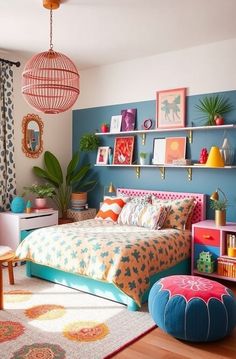 a bedroom with blue walls and colorful decor