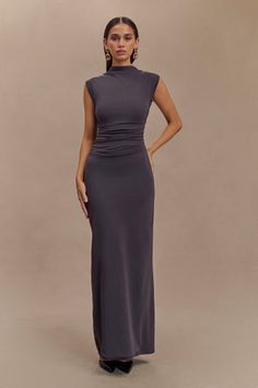 Elliot High Neck Sleeveless Maxi Dress - Dark Charcoal High Neck Flowy Dress, Chic High Neck Stretch Maxi Dress, Chic Stretch High Neck Maxi Dress, Elegant Maxi Length Sleeveless Dress, Elegant Solid Color Sleeveless Maxi Dress, Elegant Sleeveless Stretch Maxi Dress, High Neck Maxi Dress, High Neck Sleeveless, Engagement Party Wedding