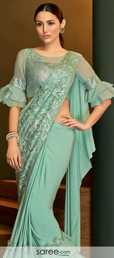 Mint Green Designer Blouse with Bell Sleeves Saree Blouse Sleeves, Trending Blouse Designs, Trending Blouse, डिजाइनर कपड़े, Stylish Saree, Netted Blouse Designs, Blouse Designs High Neck