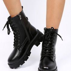 Style:Casual. FashionColor: Black.White. Yellow. RedType: Ankle Boots with Pocket BuckleHeight: Platform Heel (about 2'')Boot opening measures approximately 11.4" aroundSize Fit: True To SizeClosure Type: Lace up frontUpper Material: Faux Leather. Outsole: 100% PVC. Lining: 100% Textile. Durable PVC outsole. makes it slip-resistant. Boots Goth, Lug Sole Booties, Party Dresses Online, Black White Yellow, Short Sleeve Shirt Women, Platform Heel, Chunky Platform, Mini Shirt Dress, Lug Sole