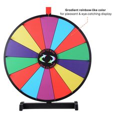 a colorful spinning wheel is shown with instructions for how to spin it on the stand