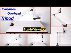 four different views of an overhead tripod with two lights on each side and one light attached to the ceiling