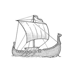 a drawing of a boat on the water with sails and two masts, vintage line drawing or engraving illustration