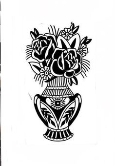 a black and white drawing of flowers in a vase