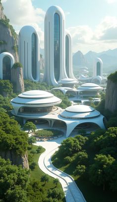 the futuristic city is surrounded by green trees and mountains, with large white buildings on each side