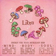 a poster with different types of mushrooms in the center and words that spell out libra