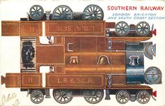 an old fashioned train is depicted in this advertisement for the southern railway, london - brighton and south coast section