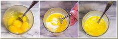 three pictures showing how to make an egg mixture in a blender with eggs being mixed together