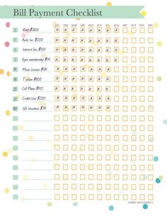 the printable bill payment checklist is shown in green and yellow dots on white