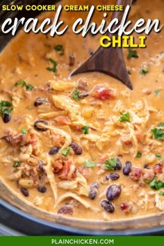 slow cooker creamy chicken chili recipe in the crock pot with text overlay