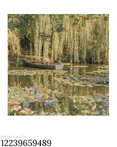 a boat floating on top of a lake next to a lush green tree filled forest