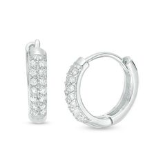 These pavé-set cubic zirconia lined double row huggie hoop earrings are set in sterling silver. These earrings are secured with hinged backs. Silver Prices, Huggie Hoop Earrings, Earring Backs, White Metal, Stone Settings, Designer Earrings, Personalized Jewelry, Fashion Earrings, Sterling Silver Earrings