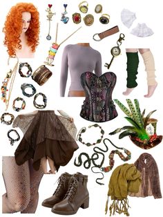 an assortment of clothing and accessories including shoes, bracelets, necklaces and earrings