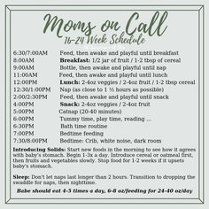 a flyer for mom's one call in 24 - hour schedule, with instructions