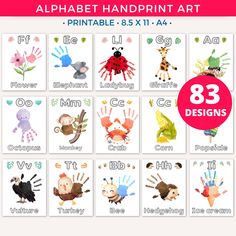 the alphabet handprint art printables are available in 8 different colors and sizes