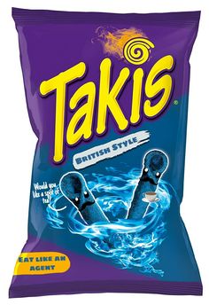 a bag of taks sitting on top of a white tablecloth next to a blue and yellow background