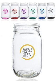 a set of six glass jars with different colored labels on each jar and the words bubble tea