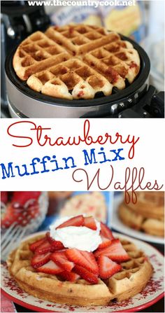 strawberry muffin mix with whipped cream on top and waffles in the background