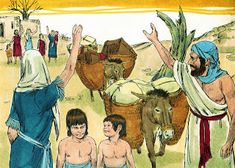 an image of jesus leading the way to his family with donkeys and people around him