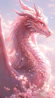 a pink dragon sitting on top of a lush green field next to clouds and flowers