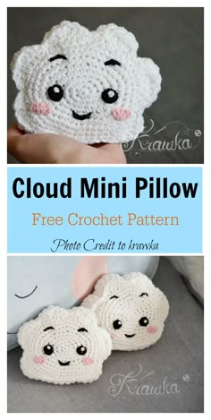 two crocheted baby shoes with the words cloud mini pillow on top and bottom