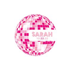 a pink and white ball with the word sarah on it's front side