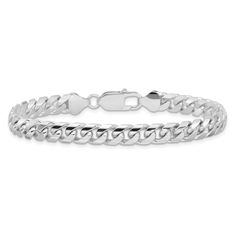 Make a classic statement with this fashionable 14k white gold chain bracelet featuring Miami Cuban links. Bracelet is solid in construction and measures 6.25mm in width. Classic White Gold Cuban Link Sterling Silver Bracelet, Classic White Gold Cuban Link Bracelet With Box Chain, Classic Cuban Link Bracelet With Oval Links, Classic White Gold Cuban Link Bracelet With Curb Chain, Classic Silver Cuban Link Bracelet, Classic Cuban Link Bracelet, Formal Sterling Silver Cuban Link Bracelet With Polished Finish, Formal Sterling Silver Cuban Link Bracelet, Sterling Silver Cuban Link Bracelet With Polished Finish