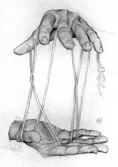 a pencil drawing of two hands holding strings