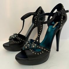 Miu Miu Dark Navy (Looks Black) Jewel Embellished Platform Sandal With Original Box And Shoe Bags. Leather. Hardly Worn. Black Jewel, Miu Miu Shoes, Shoe Bags, Looks Black, Dark Navy, Platform Sandals, Miu Miu, Women's Shoes Sandals, Shoes Sandals