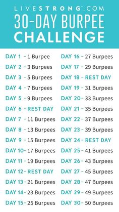 the 30 - day burpe challenge is shown in blue and white with text