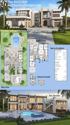 two story house plans with swimming pool in the middle and an open floor plan on top