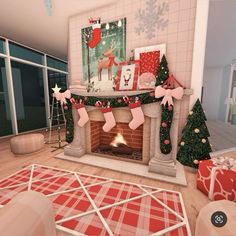 Bloxburg Christmas House Living Room, Cute Christmas Bloxburg Houses, Cozy Christmas Bloxburg House, Bloxburg Christmas Decorating Ideas, Bloxburg Christmas Interior Ideas, Christmas Bloxburg Decor, Bloxburg Christmas House Decor, Bloxburg Christmas House Colors, Christmas Decor Bloxburg