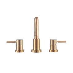 three brass colored faucets on a white background