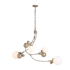 a chandelier with five lights hanging from it's center point and four balls on the bottom