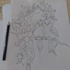 a drawing of two birds sitting on top of a tree branch with flowers and leaves