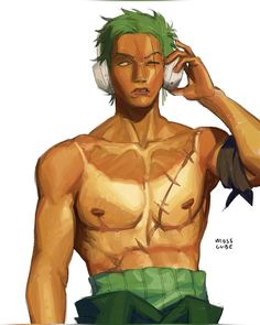 an anime character with green hair and headphones