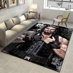 a large rug with a wrestler on it