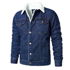 a blue jean jacket with shear collar and sherpam on the chest, in front of