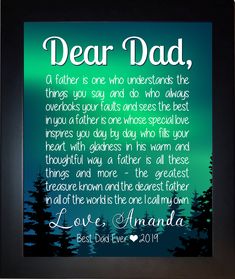 a framed photo with the words dear dad on it and trees in the background at night