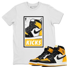 Free domestic shipping on all orders over $60! KICKS t-shirt design was made to superbly match your kicks. Shop our Drip Gear Zone collection now to find the best sneaker shirts and Jordan outfits. We have a lot of high-quality sneaker match shirts and more. 100% Cotton [Black,White] 90% Cotton / 10% Polyester [Heather Grey] 50% Cotton / 50% Polyester [Safety Green] Hoodie/Sweatshirt - 80% Cotton / 20% Polyester Yellow Cotton Shirt With Sublimation Print, Yellow Screen Print Shirt For Streetwear, Yellow T-shirt With Sublimation Print For Streetwear, Yellow Sublimation Print T-shirt For Streetwear, Yellow Printed T-shirt For Streetwear, Unisex Yellow Crew Neck T-shirt, Yellow Graphic T-shirt For Streetwear, Urban Yellow T-shirt With Letter Print, Unisex White Shirt For Streetwear