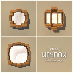 four different views of a mirror made out of bricks and wood, with the words ideas window above it