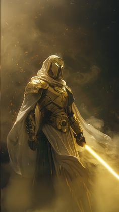 a painting of a man in armor holding a light saber